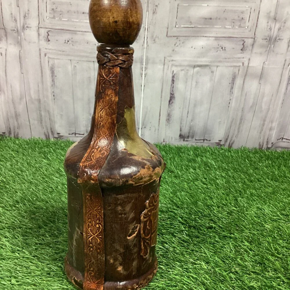 Vintage Leather Wrapped Wine Bottle Italy